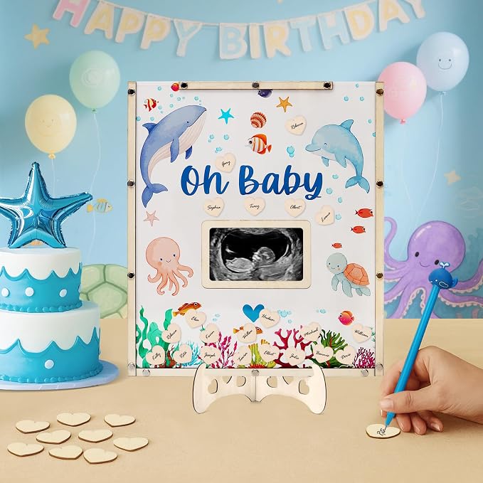 Under The Sea Baby Shower Decorations,Ocean Animals Baby Shower Guest Book Alternatives with Whale Pen,60 Heart Wood Slices for 60 Guests,Oneder The Sea Birthday Party Decorations Girl