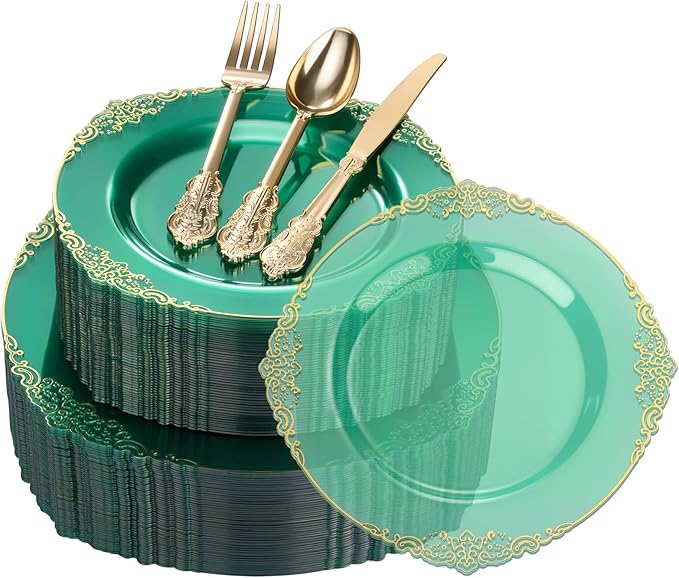 Goodluck 250 PCS Vintage Translucent Green & Gold Rim Plastic Plates with Cutlery Set - Serves 50 - Heavy Duty Elegant Disposable Dinnerware for St Patricks Day, Safari, Christmas