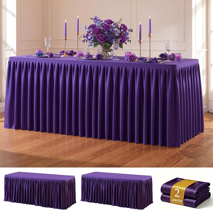 Purple Polyester Table Cloths for Rectangle 8 Foot Tables, 2 Pack Wrinkle Free Tablecloths Stretchy Banquet Ruffle Fitted Table Cover Desk Skirt for Parties Wedding Birthday Baby Shower