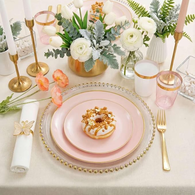 Rubtlamp 210Pcs Plastic Pink Plates with Gold Plastic Silverware Set Include 30Pink Dinner & 30 Dessert Plates, 90Gold Cutlery, 30Gold Cups, 30Napkins, Pink Dinnerware for Valentines&Mother's Day