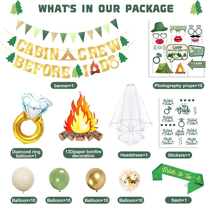 Camp Bachelorette Decorations Kit, Gold Green Bachelorette Party Supplies, Bachelorette Gifts for Bride Include Camping Party Banner, Bachelorette Temporary Tattoos, Bride Balloons Decor