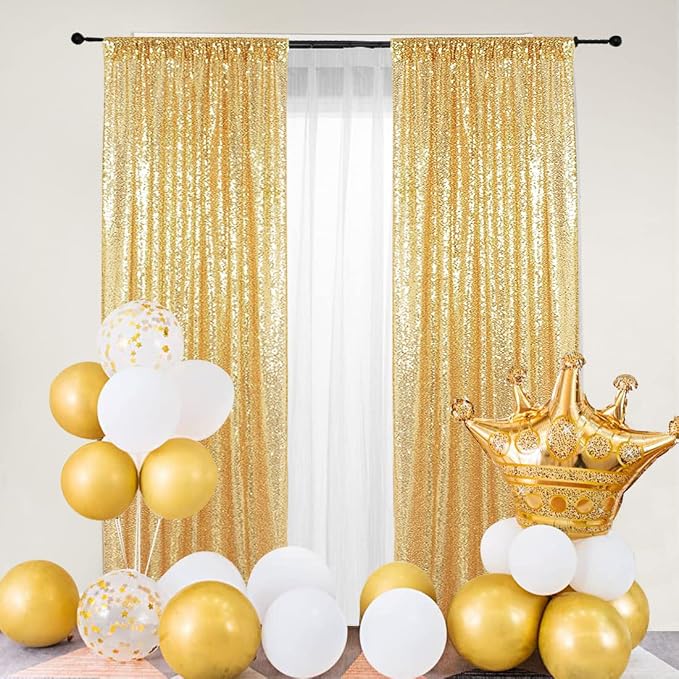 PartyDelight Gold Sequin Backdrop Curtains 2x8ft 2 Panels | 3mm stitched sequin curtain with 4 inch rod pocket for 2x8ft 2 panel doorway window side drape narrow photo booth strip