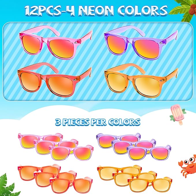 Sunglasses Party Favors for Kids - Girls Sunglasses Age 3-8 with UV 400 Protection, Neon Sunglass Party Favors Bulk for Students Classroom, Valentines Easter, Kids Goodie Bags Stuffers - 12 Packs