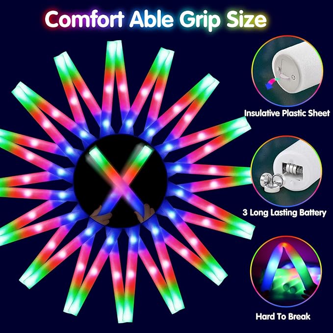 OLUPP 124 PCS Glow Sticks, Foam Glow Sticks, Foam Light up Sticks with 3 Modes Colorful Flashing, Glow In The Dark Party Supplies, Glow Sticks Bulk Party Pack, Foam Glow Sticks Bulk for Party, Raves