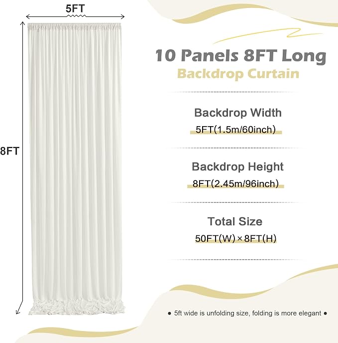 50ft x 8ft Wrinkle Free Ivory Backdrop Curtain for Parties, 10 Panels 5x8ft Silky Polyester Ivory Wedding Backdrop Drapes Photo Back Drop Cloth for Birthday Baby Shower Photography Background