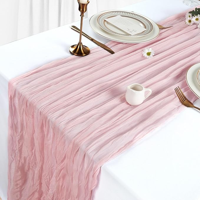 6 Pack Dusty Pink Table Runner Cheesecloth 10Ft Spring Gauze Cheese Cloth Table Runner 35x120 Inch Boho Sheer Rustic Fabric for Holiday Party Decor Baby Shower Wedding Decoration