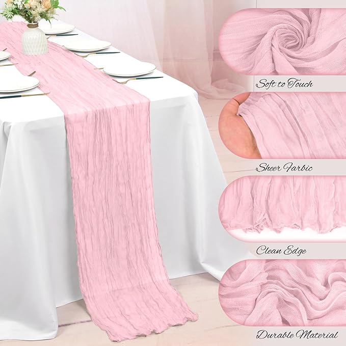 24 Pack Pink Cheesecloth Table Runner 10FT Light Pink Boho Gauze Cheese Cloth Table Runner Rustic Sheer Fabric Table Runners for Wedding Bridal Shower Baby Shower Party(21.5×120 Inch)