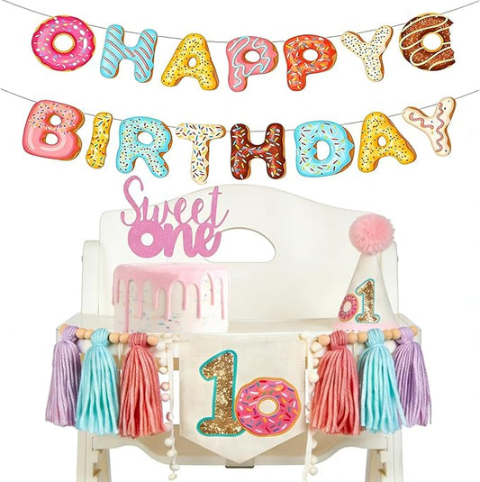 Donut 1st Birthday Decorations for Girls- donut highchair banner 1st birthday girl donut banner,donut cake topper first birthday high chair banner Sweet One Donut Grow Up Party Decorations