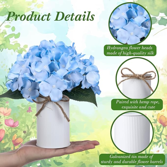 Zeyune Blue 12 Sets Wedding Flower Table Centerpieces Artificial Hydrangeas with Rustic Metal Vase Fake Hydrangea Flowers in Pot Floral Arrangement for Wedding Bridal Tea Party Table Home Decor