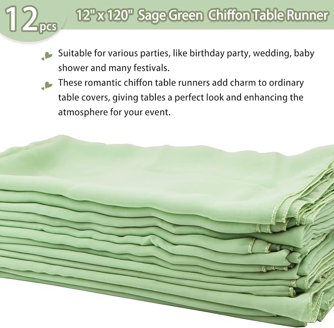 Fivenl 12 Packs Chiffon Table Runner - Sage Green, Sheer, Romantic Style for Wedding, Birthday, Party Decoration (12" x 120")