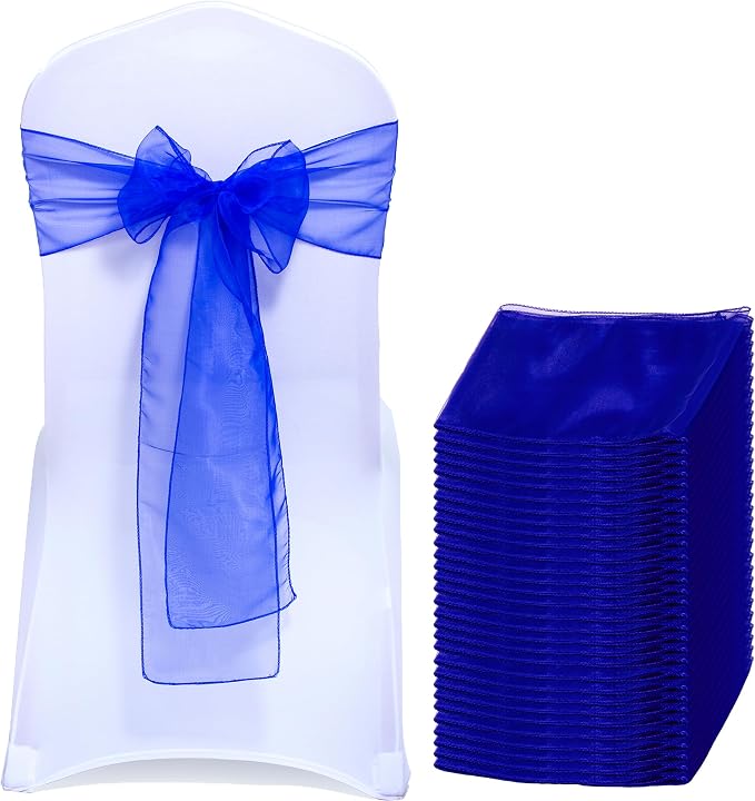 MDS® Pack of 75 Organza Chair Sashes for Wedding Decoration, Reusable Sheer Chair Bows for Banquet Chair Cover, Reception, Bridal Shower, Baby Shower, Birthday Party & Special Events - Royal Blue