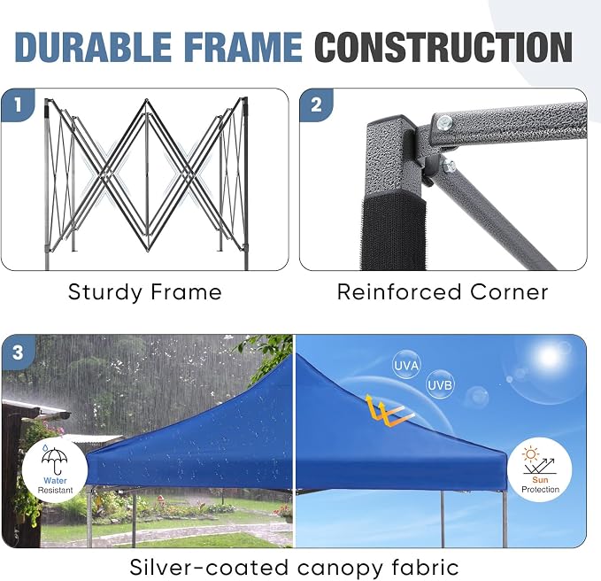 OLIXIS 10x10 FT Pop Up Canopy Tent, Sun Shade Instant Canopy with Windproof Sand Bags, Heavy Duty Portable Outdoor Shelter for Beach Yard Party Events, Royal Blue