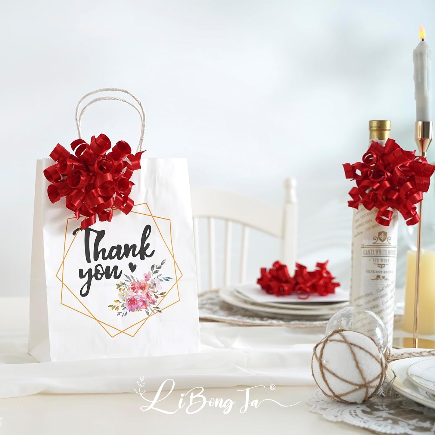 5 Inch Red Bows Curly Ribbon Bows for Gift Wrapping, Satin Bows with Double-Sided Tape, Self Adhesive Bows for Party, Wedding, Birthday Decor, Premade Bows for Crafts, Wine Glasses-8 Counts