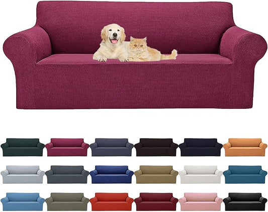 Cupuamon 2026 New Stretch Sofa Slipcovers Couch Cover for 3 Cushion Furniture Protector Sofa Covers with Elastic Bottom Jacquard Fabric Small Checks for Pets, Kids -Sofa, Wine