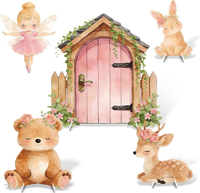 5Pcs Pink Fairy First Birthday Decorations, Large Bunny Bear Deer Fairy House Cardboard Cutout, Woodland Fairy Baby Shower Photo Booth Prop Princess Birthday Party Outdoor Indoor Decor