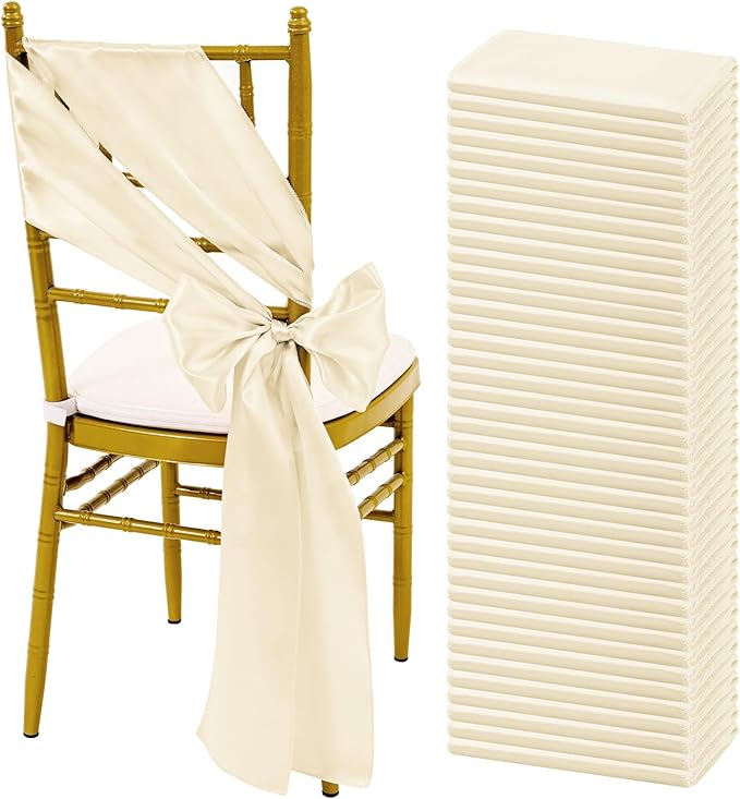 60 PCS Ivory Satin Chair Sashes, Ties Bows Designed Sashes for Washable Reusable Chair Covers Supplies for Wedding Reception Events Banquets Party Hotel Event Aisle Decorations (7 x 108 inch)