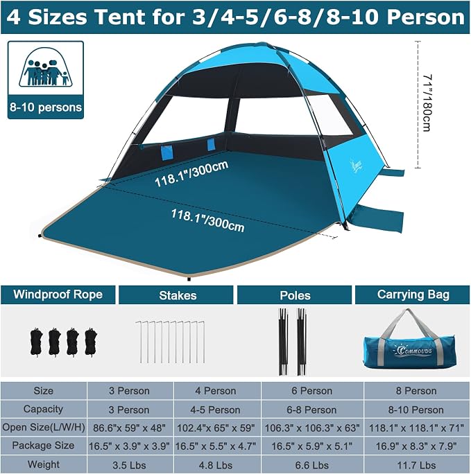 COMMOUDS Beach Tent Sun Shelter for 3/4/6/8 Person, UPF 50+ UV Protection Beach Shade Canopy Tent, Lightweight, Easy Set Up and Carry
