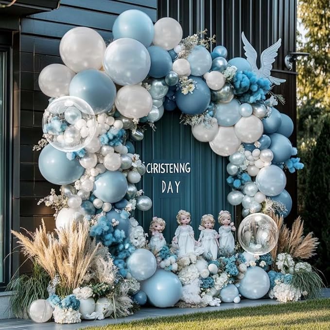 Dusty Blue and White Balloons Garland Double Stuffed Pearl Light Blue Bobo Balloon Arch Kit for Birthday Baby Shower Wedding Bridal Cinderella Frozen Winter Party Decorations