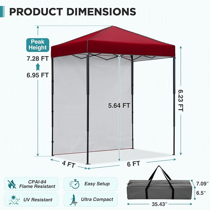 EAGLE PEAK 6x4 Instant Pop Up Canopy Tent with 1 Side Wall Panel, Straight Leg Sun Shelter, Portable Canopy with Carry Bag for Camping, Beach & Sports, Burgundy
