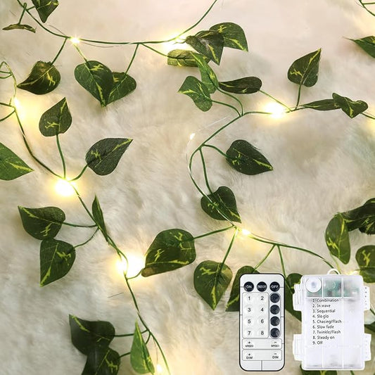Extra Length 40ft 120 LED Vine with Fairy Lights Pothos String Lights USB Plugin & Battery Operated Leaf Lights with Timer 8 Modes Remote Decorative Light for Bedroom Wedding Party - Warm White