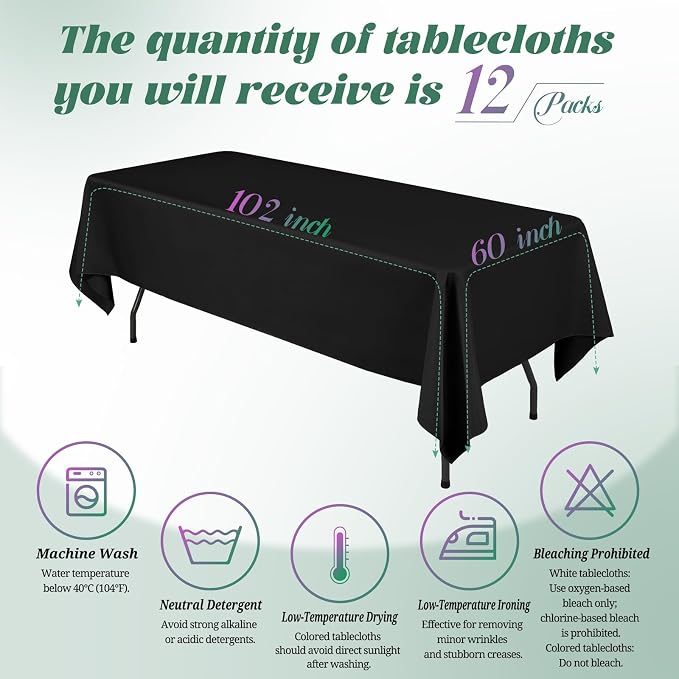 Teruntrue 12 Packs Tablecloths 60x102 inch Black Rectangle Table Cloth for 6 Foot Rectangle Tables, Washable Polyester Fabric for Wedding Parties Banquet Holiday Dinner Table Decorative, Black