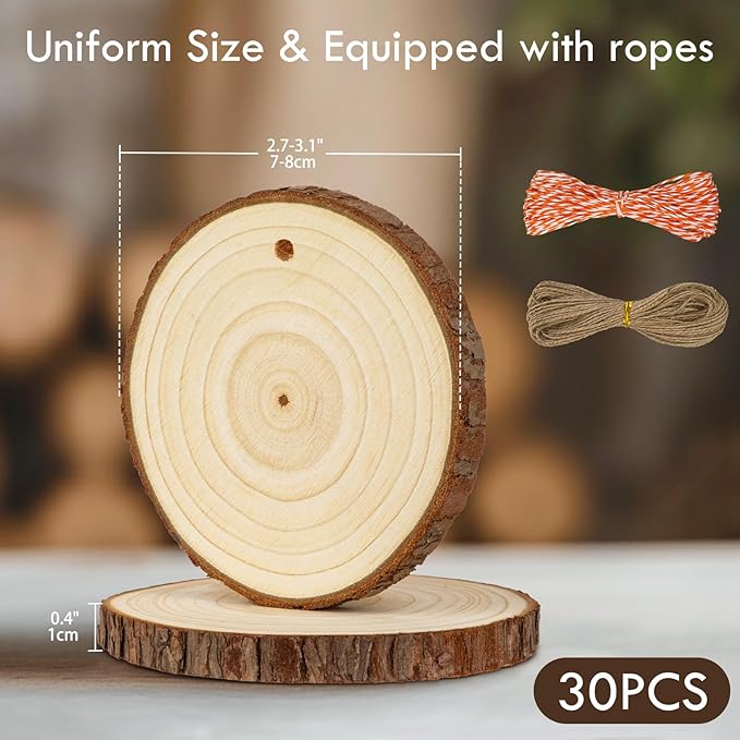 Unfinished Natural Wood Slices for Crafts - 30 Pcs Wood Slice Ornaments with Predrilled Hole & Twine String 2.7-3.1 Inch Round Wooden Circle Tree Slice for DIY Arts Craft Painting Gift Wedding Decor