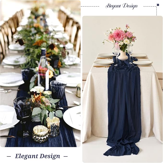 6 Pack Navy Blue Cheesecloth Table Runner 35x120 Inch Long Semi-Sheer Gauze Table Runner 10FT Boho or Rustic Wedding Table Decor for Wedding Decor Arch Draping Bridal Shower Holiday Party