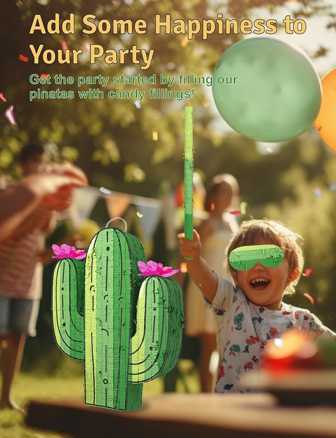Cactus Piñata for Cinco de Mayo, Mexican Party Decorations, and Fiesta – Fun Hanging Piñata with Blindfold, Stick & Confetti, Perfect for Birthday & Fiesta Celebrations (16"x12"x3")