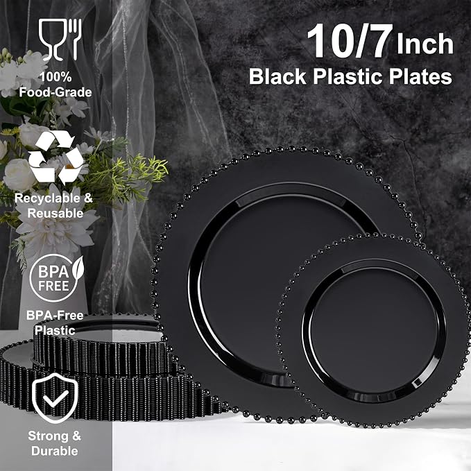 U-QE 60PCS Black Plastic Plates - Heavy Duty Black Disposable Plates Including 30PCS 10'' Dinner & 30PCS 7.5'' Dessert Plates -Hard Plastic Plate for Party Wedding Bridal Shower