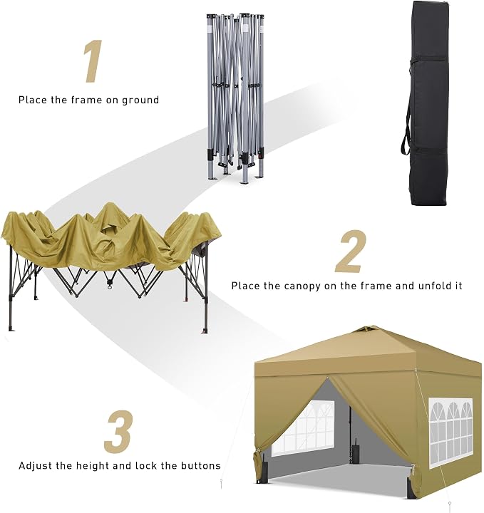 GDY 10'x10' Pop Up Canopy Tent, Portable Gazebo, Easy Up Outdoor Canopy for Events, Parties, Camping, Brown.