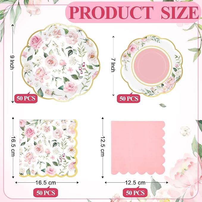Funnymoom 200 Pcs Wild Floral Party Supplies Pink Flower Disposable Paper Dinner Dessert Plates Luncheon Napkins Beverage Napkins for Wedding Birthday Baby Shower Bridal Tea Party Serves 50 Guests
