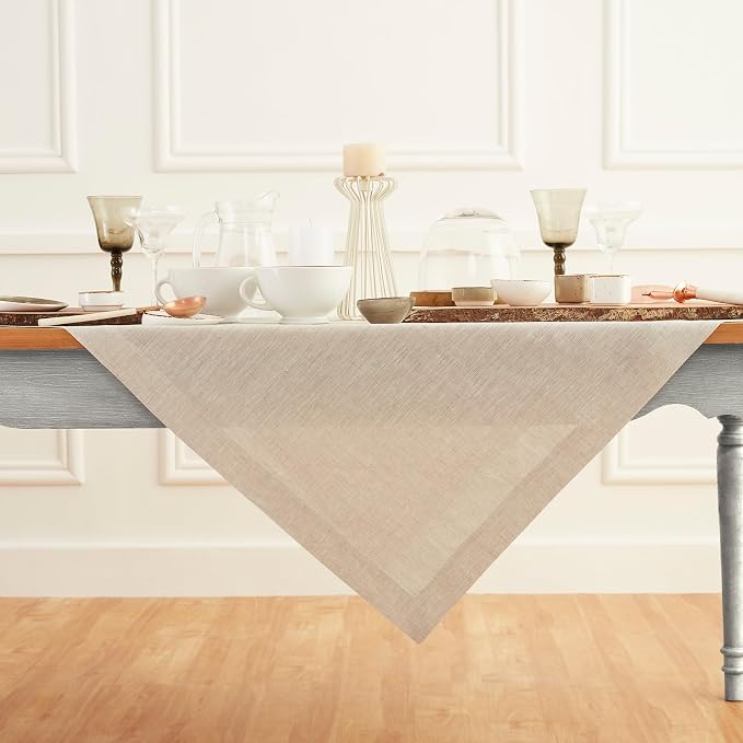 Solino Home Light Natural Linen Tablecloth 52 x 52 Inch - 100% Pure Linen Square Table Throw - Athena, Machine Washable Tablecloth for Summer
