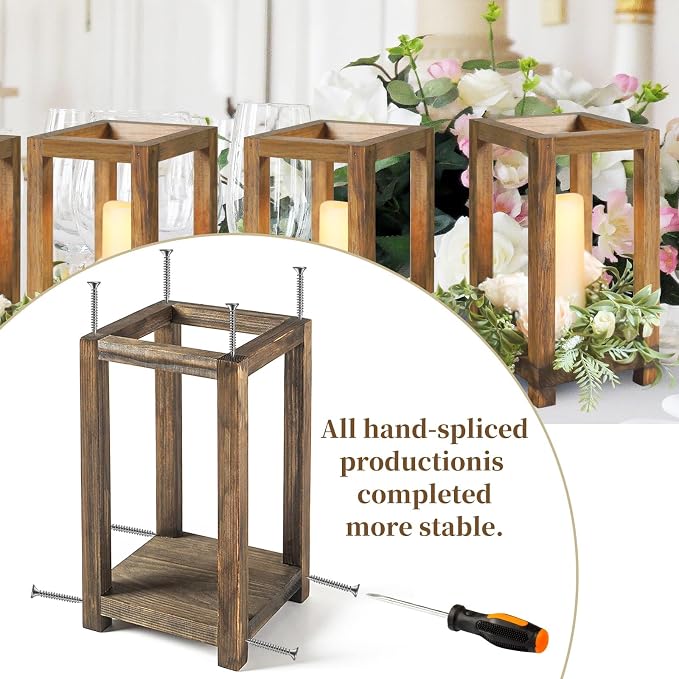 4 Pcs Wooden Lanterns Wedding Centerpiece for Tables, Farmhouse Candle Lantern, Perfect Centerpiece Table Decorations, Candle Holder Decorative for Wedding Party, Table Valentine Decor