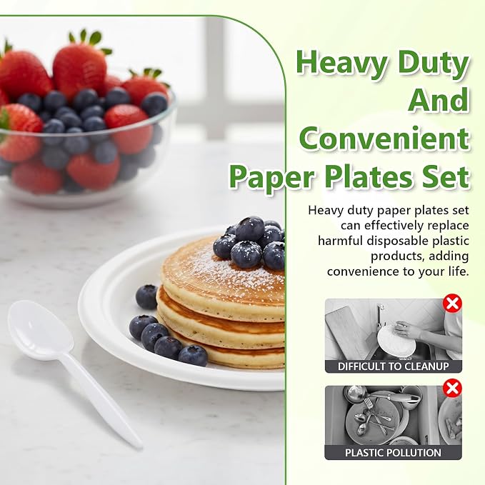 500Pcs Compostable Paper Plates Set Party Supplies Severs 100 Guests Disposable Party Plates Heavy-duty Utensil Disposable Party Plate Fork Knives Spoon Napkin Dinnerware for Birthday Wedding Camping