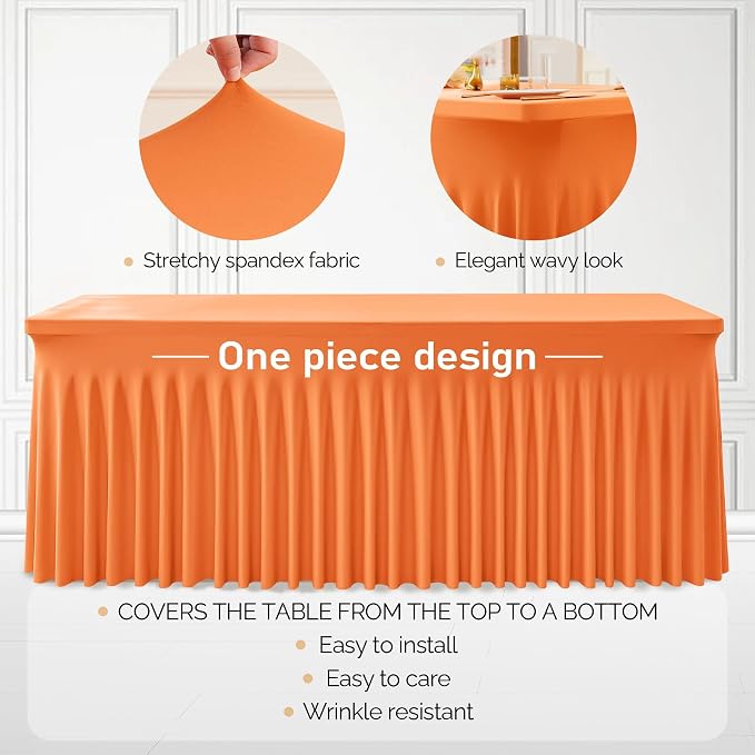 6 Packs Orange Table Clothes for 8 Foot Rectangle Tables, One-Piece Wrinkle Resistant Stretch Spandex Table Covers with Skirt for Event Banquet Wedding Birthday Party