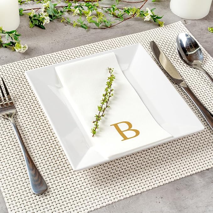 Luxenap 15.8 X 7.9 Inch Linen-Feel Guest Towels, 50 Lettered Hand Towels - Gold Letter 'B', Sans Serif Font, White Paper Dinner Napkins, airlaid, For Restrooms And Tables - Restaurantware