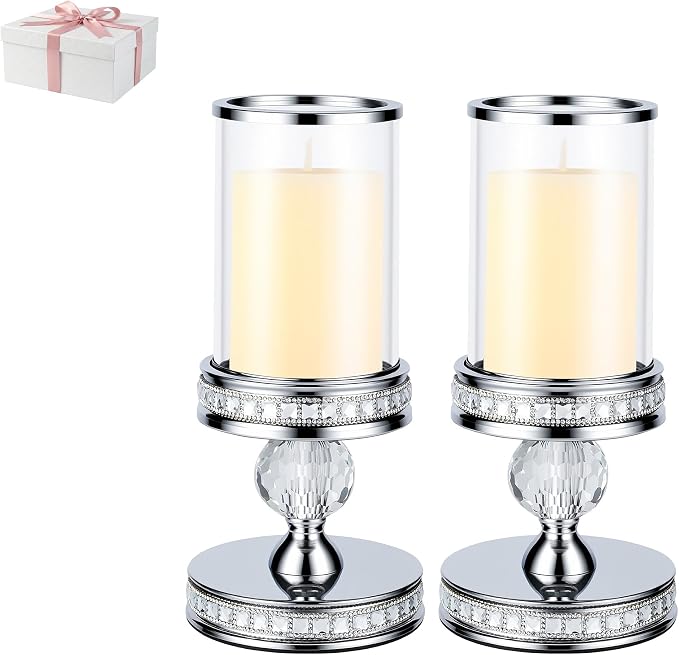 10" Tall Hurricane Candle Holder, Pillar Candle Holders with Glass Sleeve with Gift Box, Crystal Candle Stands for Home Warming, Weddiing, Dining Room Decor, Table Centerpiece (2, Silver, S)