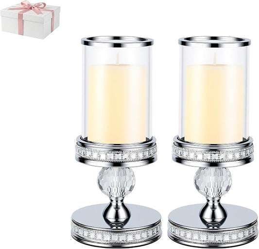 10" Tall Hurricane Candle Holder, Pillar Candle Holders with Glass Sleeve with Gift Box, Crystal Candle Stands for Home Warming, Weddiing, Dining Room Decor, Table Centerpiece (2, Silver, S)