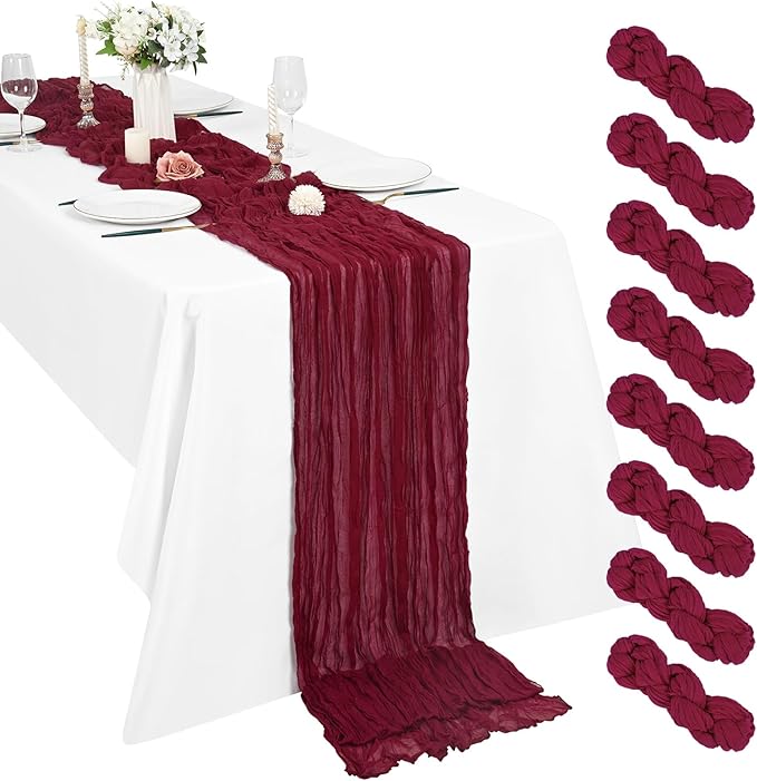 8 Pack Cheesecloth Boho Gauze 35120 Inch Rustic Romantic Long Table Runner for Wedding Party Bridal Shower Thanksgiving Christmas Decoration (Burgundy)