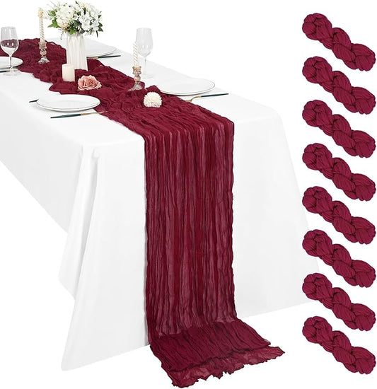8 Pack Cheesecloth Boho Gauze 35120 Inch Rustic Romantic Long Table Runner for Wedding Party Bridal Shower Thanksgiving Christmas Decoration (Burgundy)