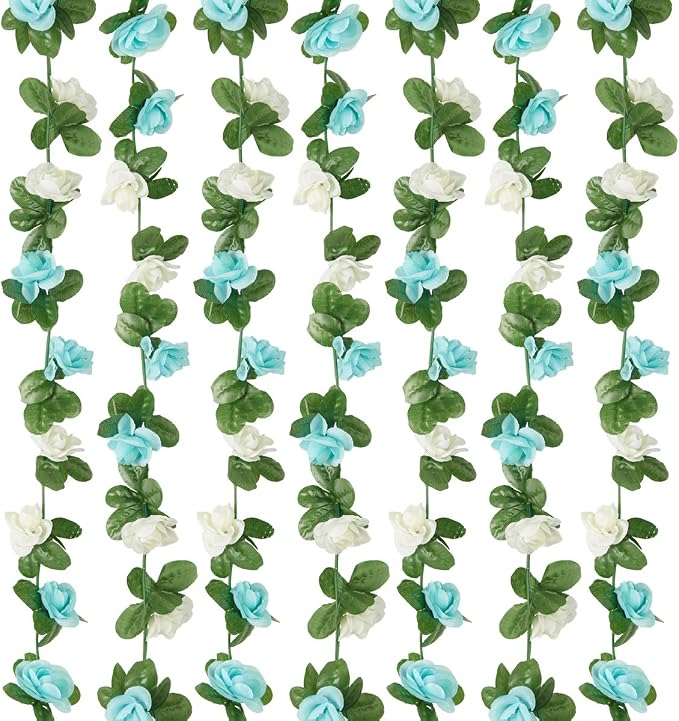 PONKING 8 Pcs x 8.2 ft Flower Garland Artificial Rose Vine Flowers with Green Leaves Hanging Fake Roses Vine for Room Party Home Wedding Birthday Christmas Wall Arch Decor, White Blue Flower