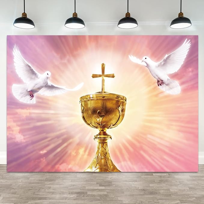 8x6ft Cross Backdrop Peace Dove Gold Chalice Photography Background Jesus Christ Easter Holy Spirit Bird Heaven Banner Decorations School Church Party Event Portrait Photo Booth Prop