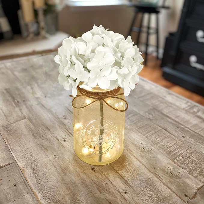 Set of 3 Mason Jar with Lights White Hydrangea Decorative Jars Flower Vase Farmhouse Table Centerpiece for Home Wedding Event Party Decor