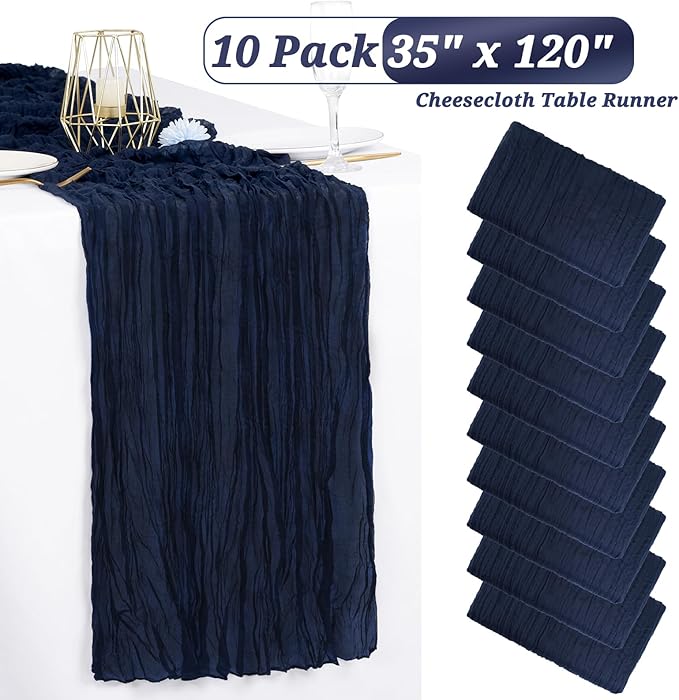 Showgeous 10 Pack Navy Blue Cheesecloth Table Runner Gauze Table Runner 10FT Long Semi-Sheer Table Runner Boho or Rustic Wedding Table Decor for Wedding Decor Arch Draping Bridal Shower Holiday Party