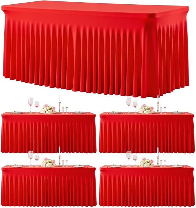 4 Pack Red Table Cloth for 8 Foot Rectangle Tables Spandex Fitted Tablecloth 8ft Stretch Table Covers Skirt Red Banquet Tablecloths Wrinkle Free Tablecloth for Party Wedding Birthday Event