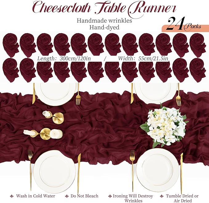 Teruntrue 24 Packs Burgundy Cheesecloth Table Runner,10ft Wine Red Rustic Gauze Boho Wedding Table Runner Decoration, Wedding Table Decor Sheer Table Runner for Wedding Party Bridal Shower Table