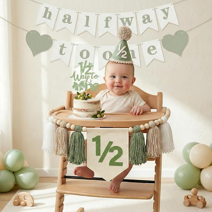 Baby First Birthday Party Decorations First Highchair Banner For Baby Boys Blue High Chair Banner Crown Cake Topper Baby Photo Banner 1st Birthday Photo Backdrop (1/2 Green)