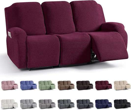 KinCam Recliner Covers, Stretch Reclining Chair Covers, Recliner Sofa Slipcovers Stripe Jacquard Recliner Couch Covers Furniture Protector Covers for Pet Kid (3 Seater, Burgundy)
