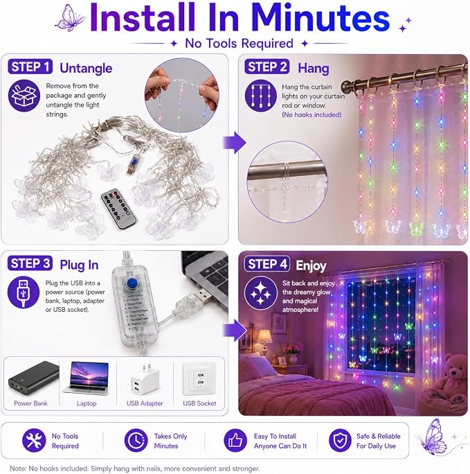 Butterfly Curtain Fairy Lights USB Plug in,8 Modes 120 LED 19.7FT Firefly Twinkle Timer String Lights with Remote, Waterproof Copper Wire for Bedroom Patio Christmas Wedding Party (Multi-new)