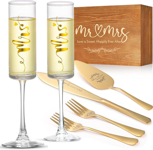 Wedding Cake Knife and Server Set, Mr and Mrs Champagne Flutes Glasses & Forks with Wooden Box, Gold Cake Cutting Set for Wedding Engagement Bridal Shower Gifts